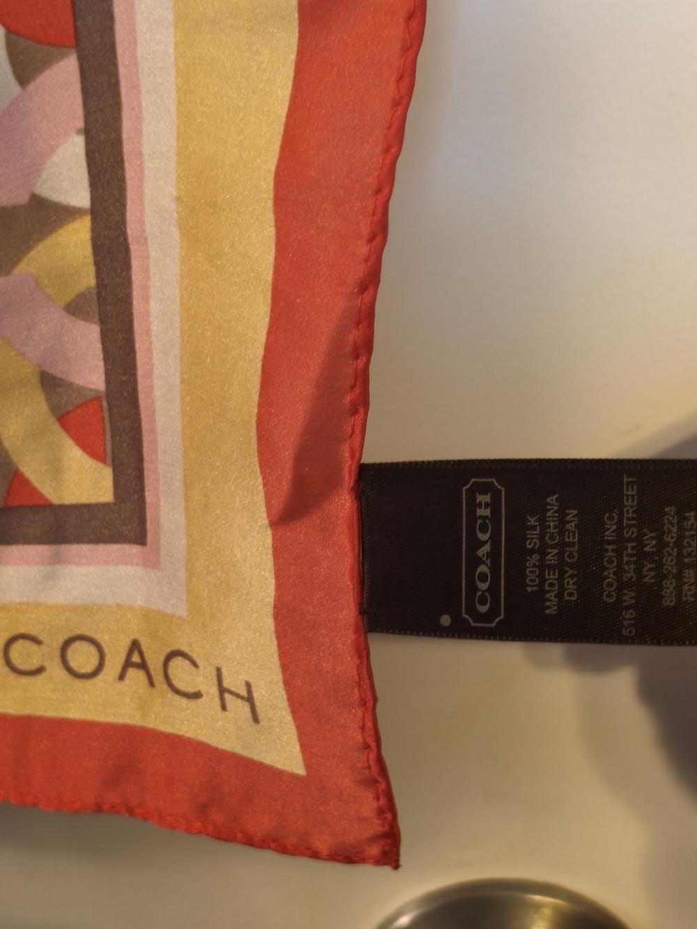 COACH 100% Silk 35" X 35" Signature C Pink, Cream & Gold Geometric Scarf - Picture 6 of 12